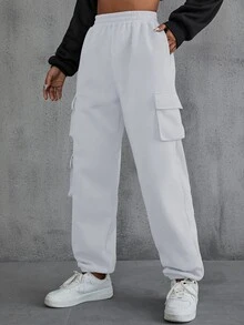 SHEIN EZwear 側翻蓋口袋素色衛褲 - 白色 - 查看 4