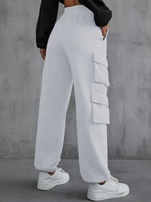 SHEIN EZwear 側翻蓋口袋素色衛褲 - 白色 - 查看 2