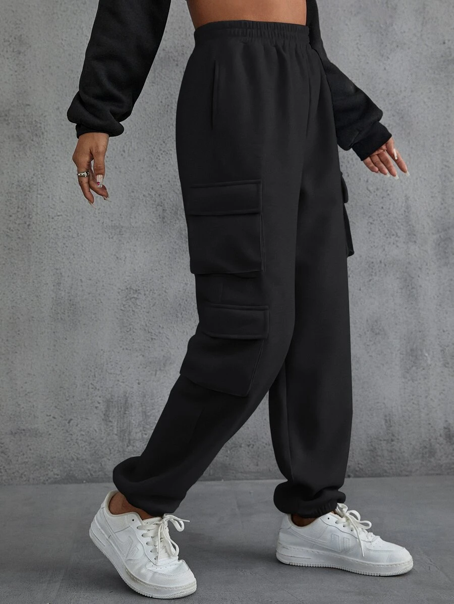 INAWLY Flap Pocket Side Solid Joggers - Black - View 1