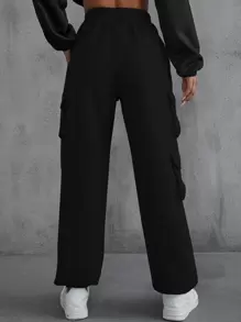 INAWLY Flap Pocket Side Solid Joggers - Black - View 2