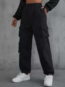 INAWLY Flap Pocket Side Solid Joggers - Black - View 4