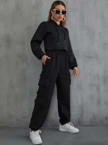 INAWLY Flap Pocket Side Solid Joggers - Black - View 5