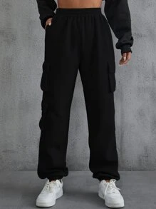 INAWLY Flap Pocket Side Solid Joggers - Black - View 6