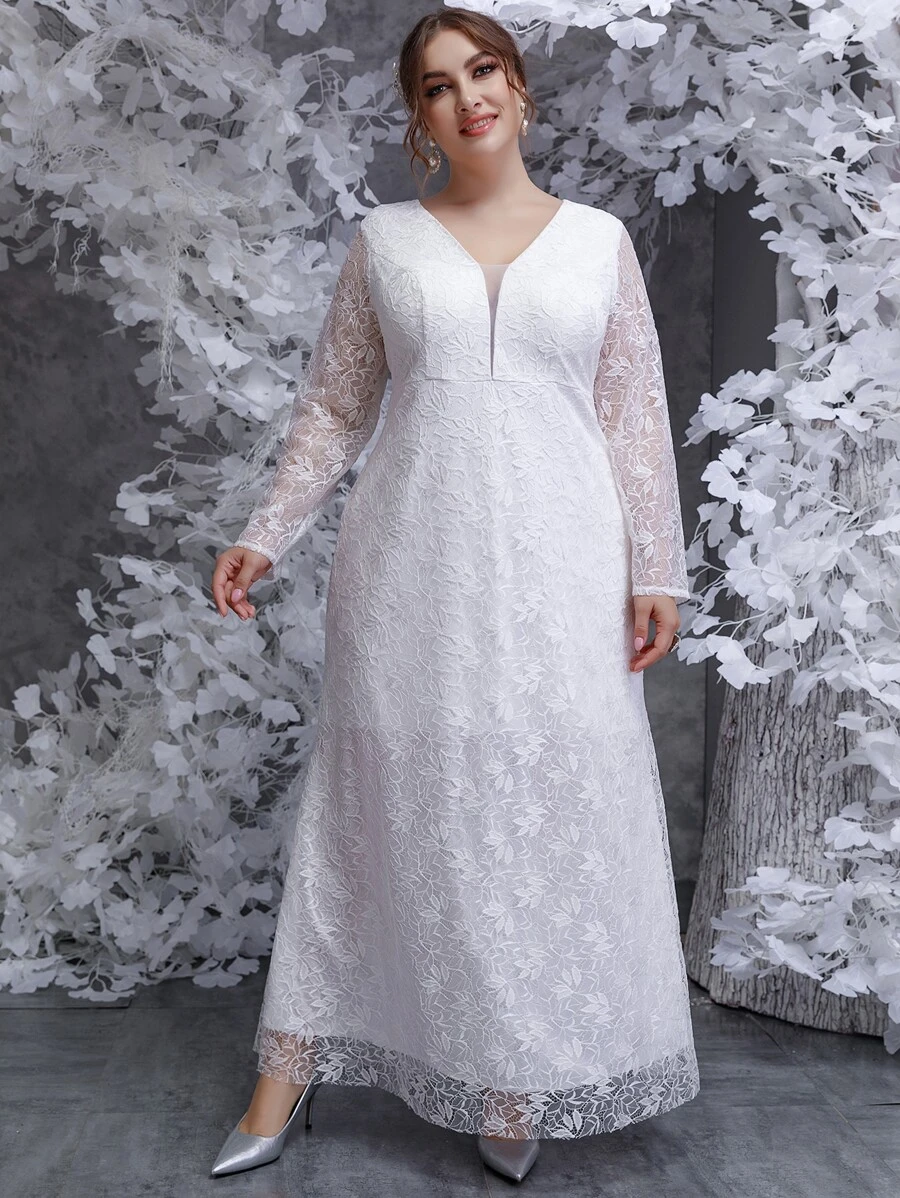 Modelyn Plus Contrast Mesh Lace Wedding Dress - White - View 1