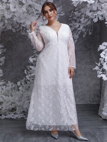 Modelyn Plus Contrast Mesh Lace Wedding Dress - White - View 3