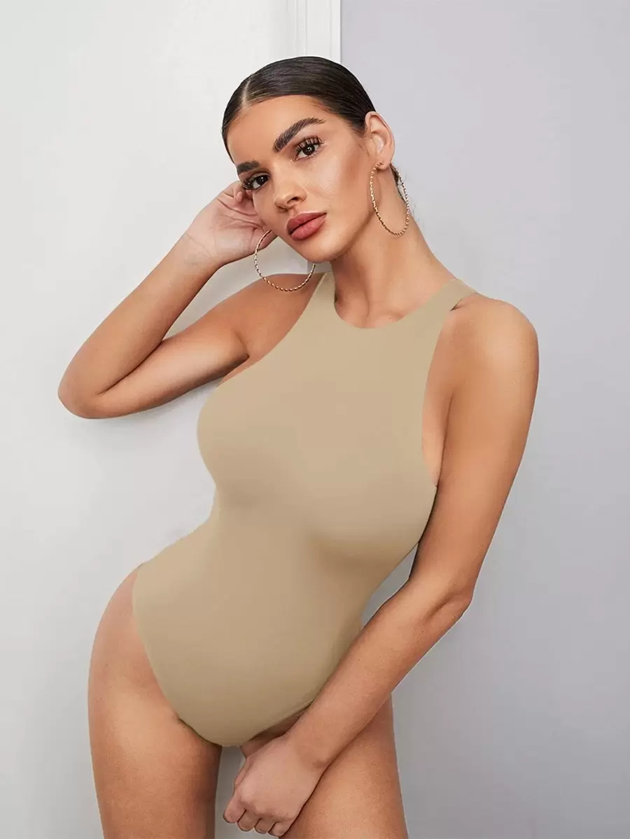 SHEIN BAE Solid Tank Bodysuit - Khaki - View 1