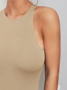 SHEIN BAE Solid Tank Bodysuit - Khaki - View 5