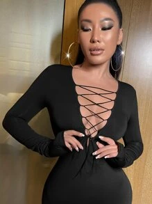 SHEIN SXY Áo liền quần nữ Ren lên màu trơn Gợi cảm - màu đen - Xem 5