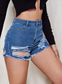 SHEIN ICON 高腰破洞牛仔短褲 - 中等水洗藍 - 查看 3