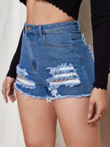 SHEIN ICON 高腰破洞牛仔短褲 - 中等水洗藍 - 查看 4