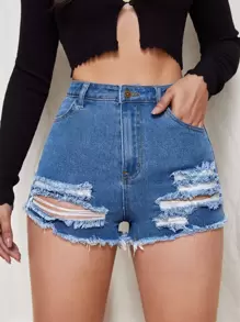 SHEIN ICON 高腰破洞牛仔短褲 - 中等水洗藍 - 查看 5