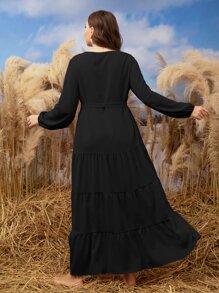 Mulvari Plus Bishop Sleeve Ruffle Hem Belted Dress Maxi Women Outfit Fall Cloth For Women - Black - View 2