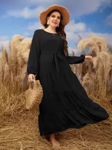 Mulvari Plus Bishop Sleeve Ruffle Hem Belted Dress Maxi Women Outfit Fall Cloth For Women - Black - View 3