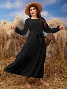 Mulvari Plus Bishop Sleeve Ruffle Hem Belted Dress Maxi Women Outfit Fall Cloth For Women - Black - View 4