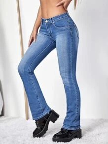 SHEIN ICON Floral Embroidery Bootcut Jeans - Medium Wash - View 5