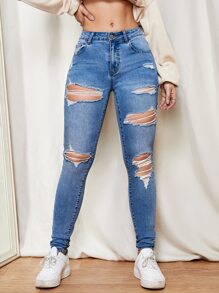 SHEIN Essnce Quần jean nữ Nút Túi Bị tách Dây kéo màu trơn - Rửa trung bình - Xem 4