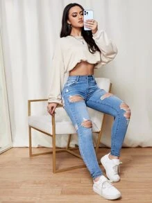 SHEIN Essnce Quần jean nữ Nút Túi Bị tách Dây kéo màu trơn - Rửa trung bình - Xem 5