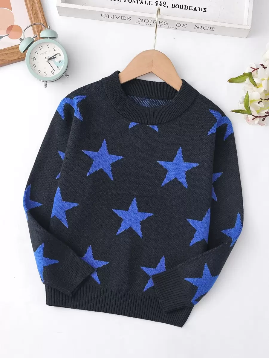 男孩星星圖案套頭毛衣 - 藏蓝色 - 查看 1
