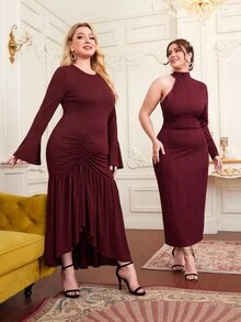 SHEIN 大碼1件荷葉袖褶邊魚尾連衣裙 - 酒紅色 - 查看 4