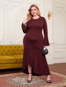 SHEIN 大碼1件荷葉袖褶邊魚尾連衣裙 - 酒紅色 - 查看 3