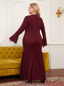 SHEIN 大碼1件荷葉袖褶邊魚尾連衣裙 - 酒紅色 - 查看 2