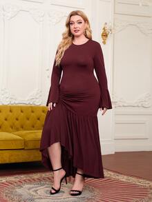 SHEIN 大碼1件荷葉袖褶邊魚尾連衣裙 - 酒紅色 - 查看 5