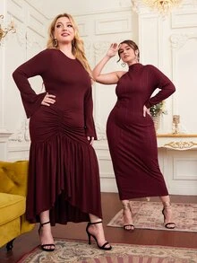 SHEIN 大碼1件荷葉袖褶邊魚尾連衣裙 - 酒紅色 - 查看 6