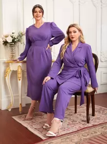 Modelyn Plus 1pc Knot Side Blazer & 1pc Suit Trousers Set - Violet Purple - View 4