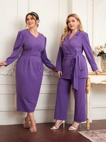 Modelyn Plus 1pc Knot Side Blazer & 1pc Suit Trousers Set - Violet Purple - View 5