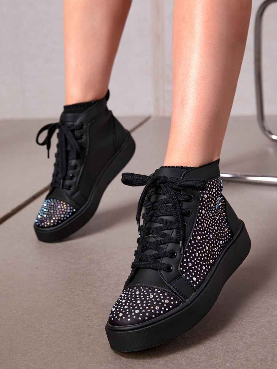 SheIn ICON Giày trượt cao cổ đính đá Rhinestone Decor Giày đi nghỉ Giày thể thao giảm giá mùa hè Giày thường ngày Giày trở lại trường Giày sinh viên đại học Halloween Giáng sinh Mùa thu - màu đen - Xem 1