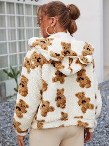 SHEIN Allover Cartoon Bear Pattern Zipper Up Hooded Teddy Jacket With 3D Ears - Multicolor - View 3