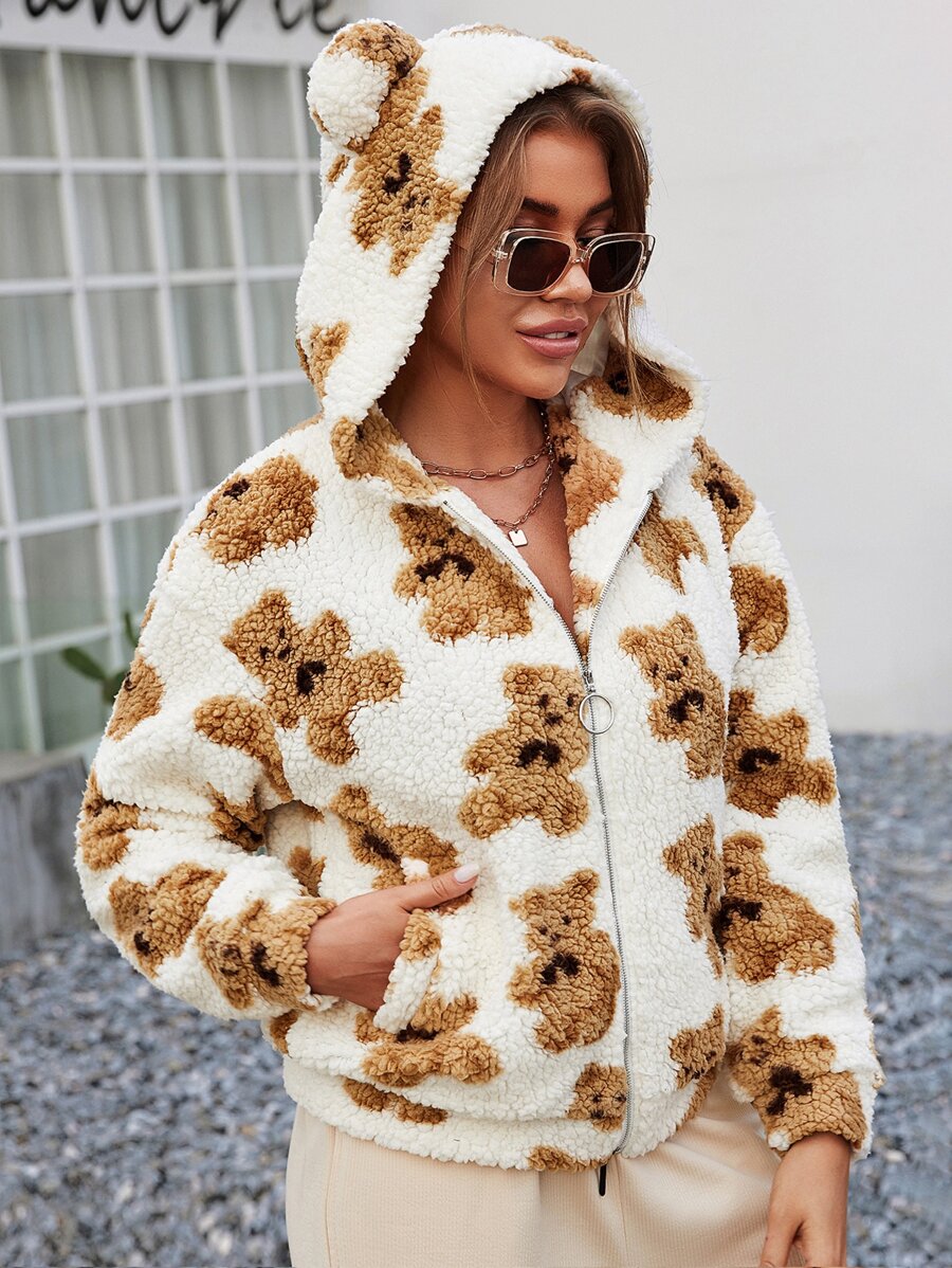 SHEIN Allover Cartoon Bear Pattern Zipper Up Hooded Teddy Jacket With 3D Ears - Multicolor - View 1