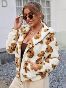 SHEIN Allover Cartoon Bear Pattern Zipper Up Hooded Teddy Jacket With 3D Ears - Multicolor - View 5