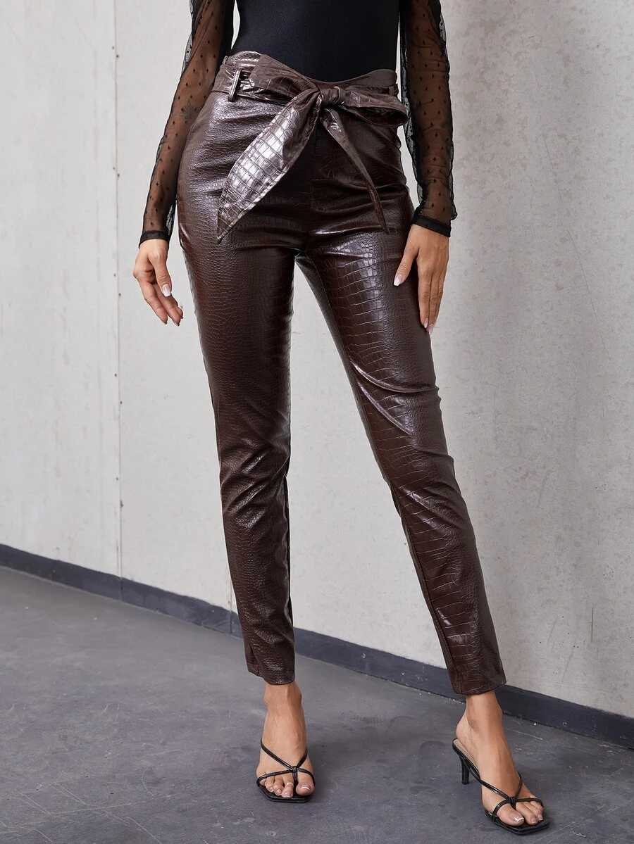 SHEIN Crocodile Embossed Belted PU Leather Trousers - Coffee Brown - View 1