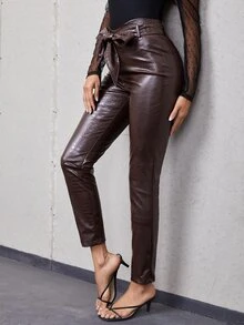 SHEIN Crocodile Embossed Belted PU Leather Trousers - Coffee Brown - View 4