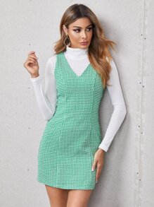 SHEIN Houndstooth Print Form Fitted Dress Without Top - Green - View 1