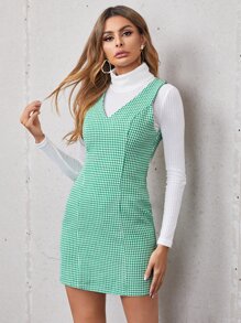 SHEIN Houndstooth Print Form Fitted Dress Without Top - Green - View 3