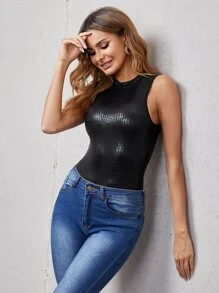 SHEIN BAE Bộ đồ liền thân cổ giả họa tiết cá sấu - màu đen - Xem 3