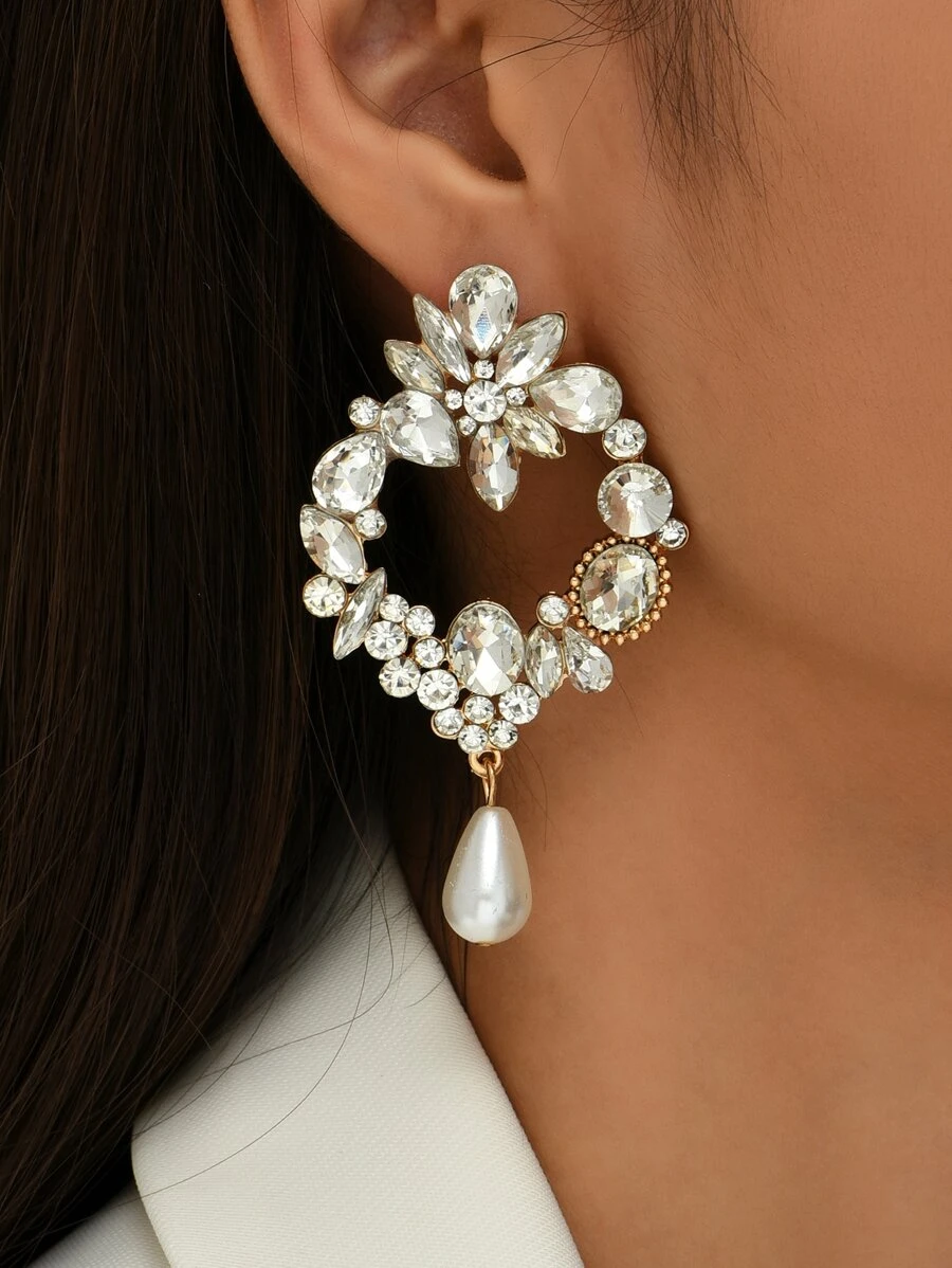 Đồ trang trí Rhinestone Ngọc trai Giả Thả hoa tai - Bạc - Xem 1