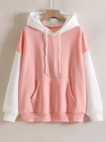 SHEIN EZwear Hoodie Khối màu Dây rút Túi - Hồng - Xem 1
