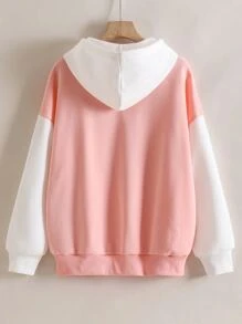 SHEIN EZwear Hoodie Khối màu Dây rút Túi - Hồng - Xem 2