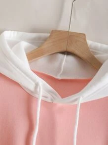 SHEIN EZwear Hoodie Khối màu Dây rút Túi - Hồng - Xem 4