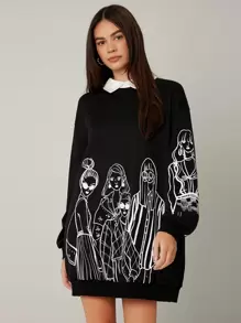 Mulvari Figure Graphic Contrast Collar Pullover Dress - Black - View 1