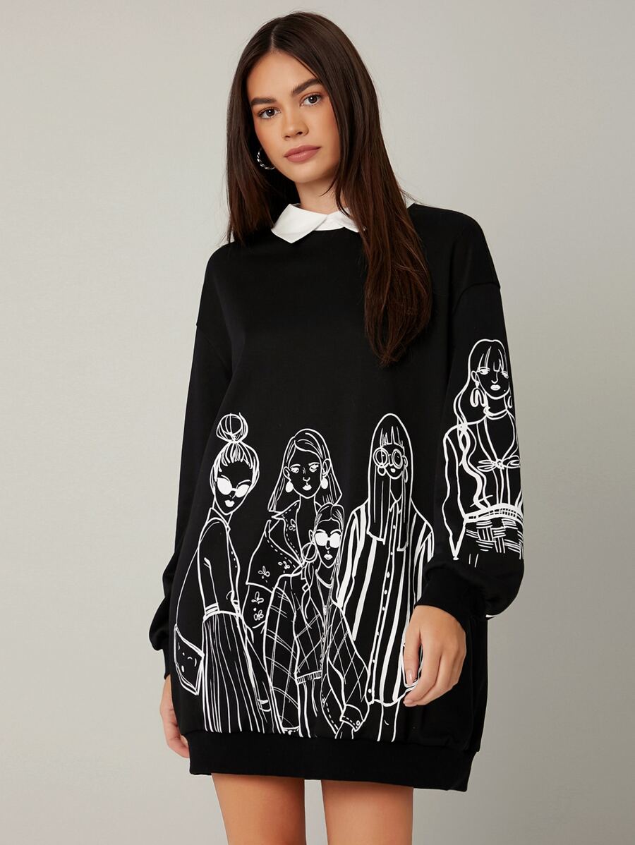 Mulvari Figure Graphic Contrast Collar Pullover Dress - Black - View 1