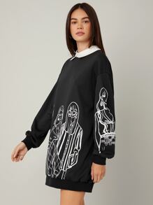 Mulvari Figure Graphic Contrast Collar Pullover Dress - Black - View 5