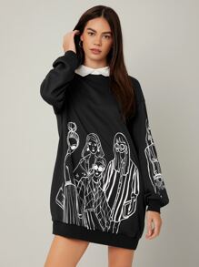 Mulvari Figure Graphic Contrast Collar Pullover Dress - Black - View 4