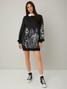 Mulvari Figure Graphic Contrast Collar Pullover Dress - Black - View 6