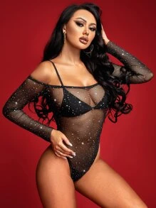 SHEIN SXY Body con diseño de diamante de imitación de malla transparente - Negro - Ver 5