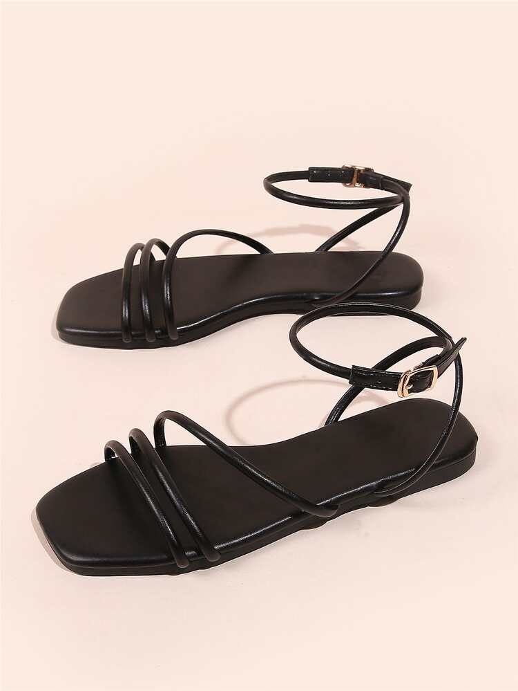 Sandales minimaliste plat à bride de cheville - Noir - Voir 2