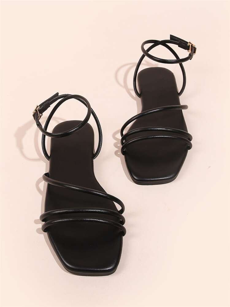 Sandales minimaliste plat à bride de cheville - Noir - Voir 5